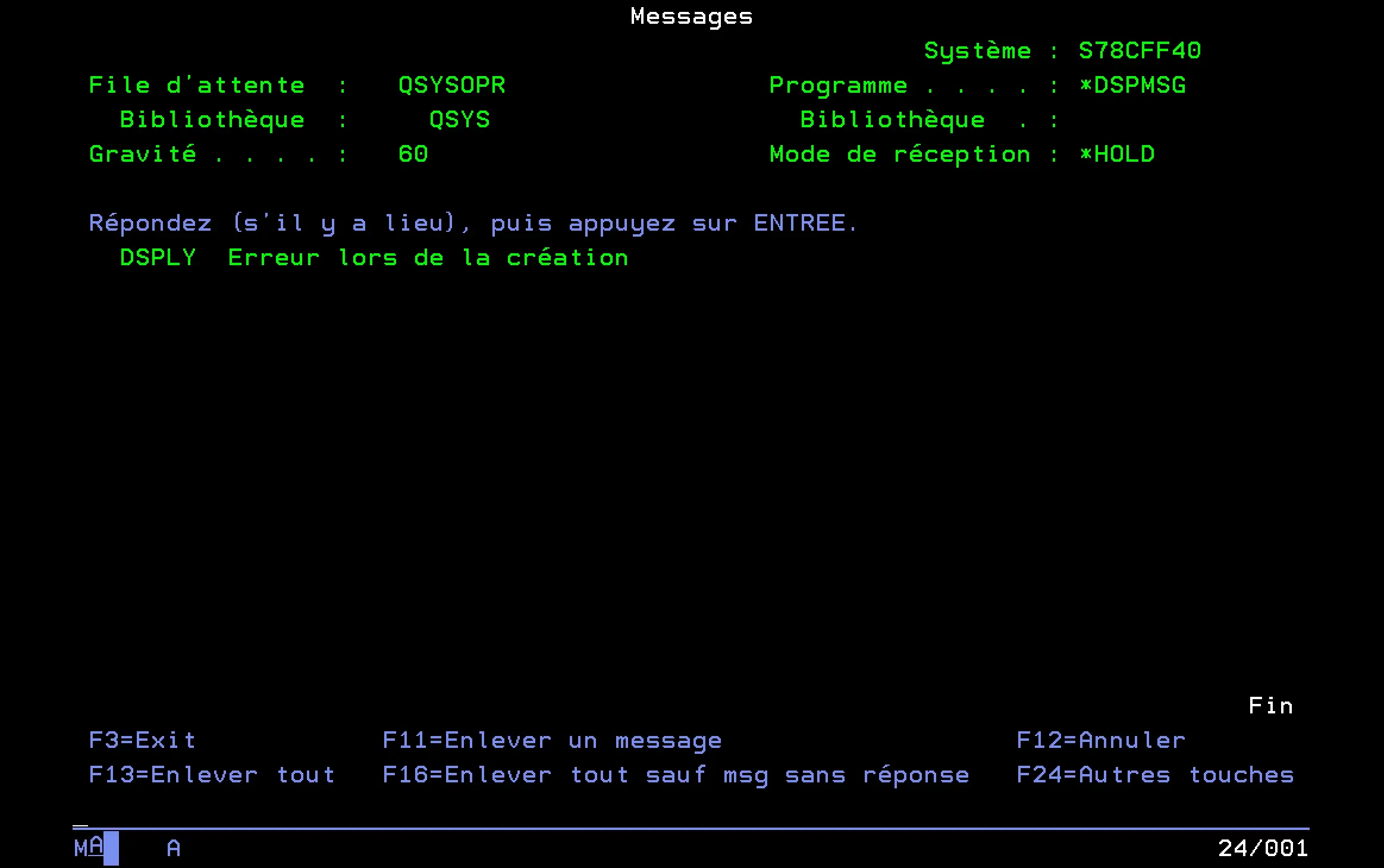 Message IBM i confirmant l'erreur de validation lors de l'appel du programme RPGLE CLIENTS2