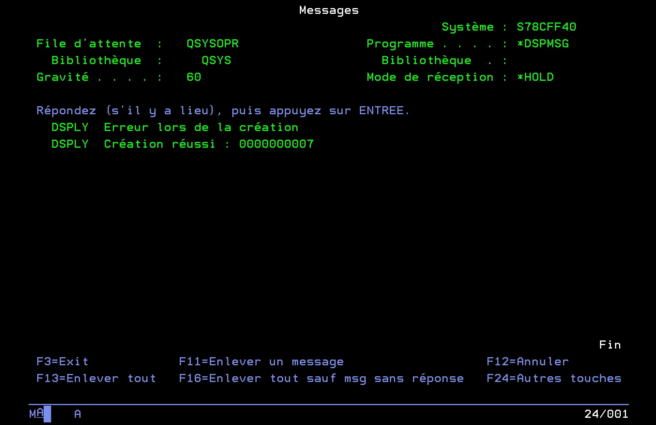 Message IBM i confirmant la création réussie du client par le programme RPGLE CLIENTS2