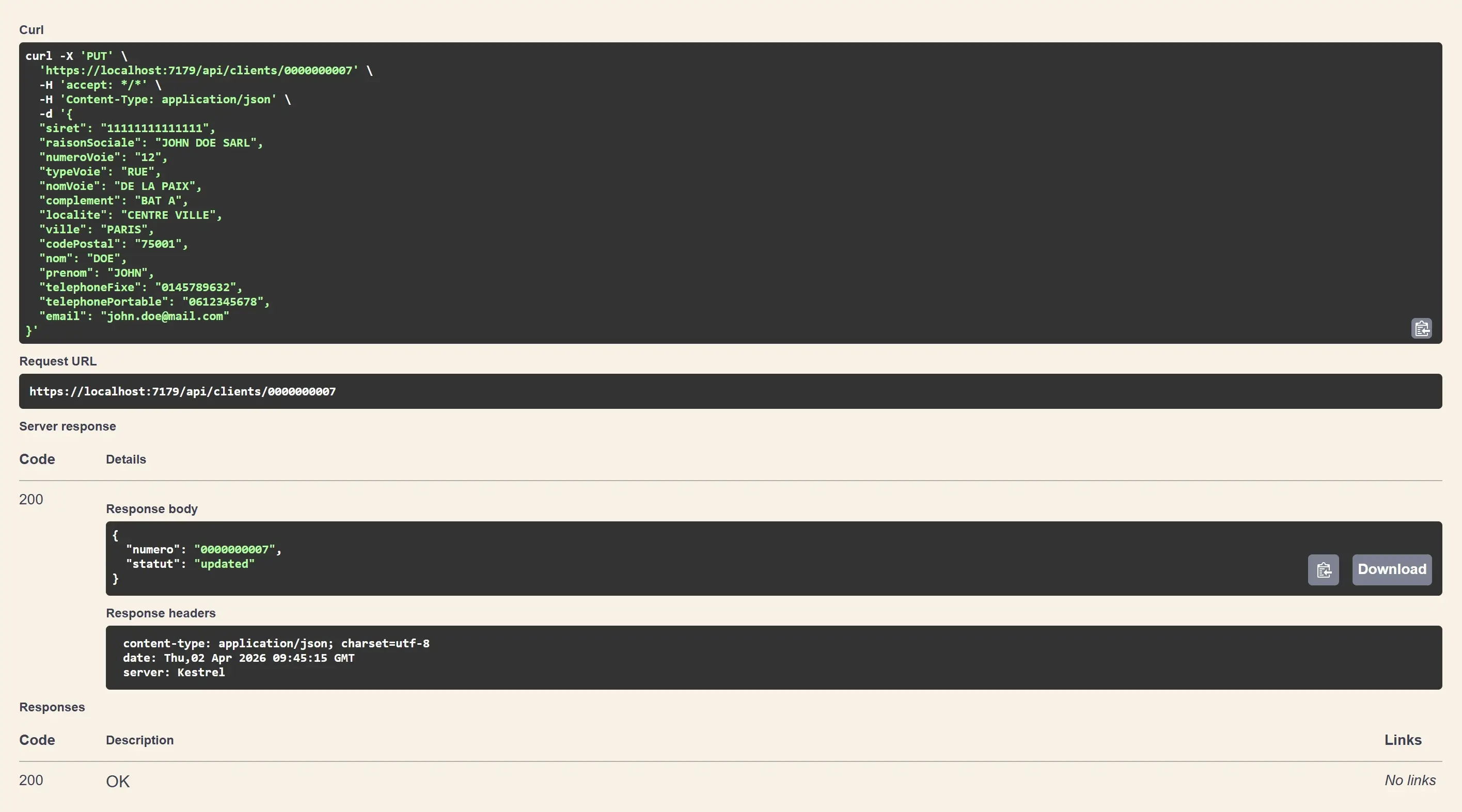 Message IBM i confirmant la création réussie du client par le programme RPGLE CLIENTS2