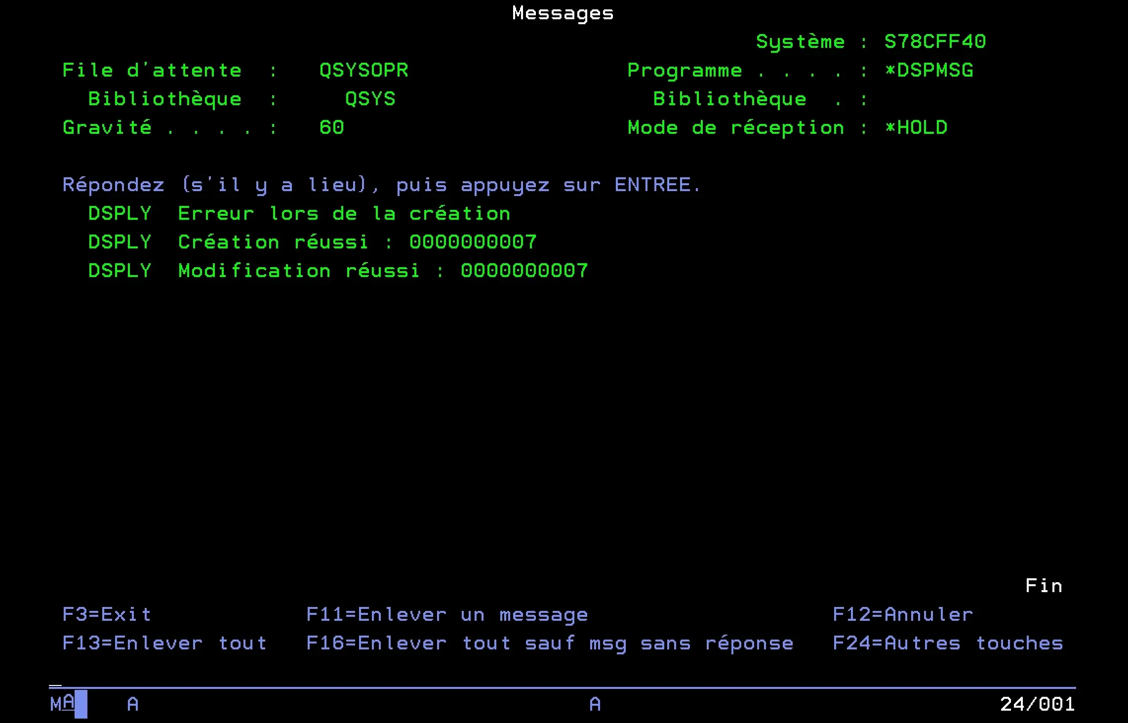 Message IBM i confirmant la modification réussie du client par le programme RPGLE CLIENTS2