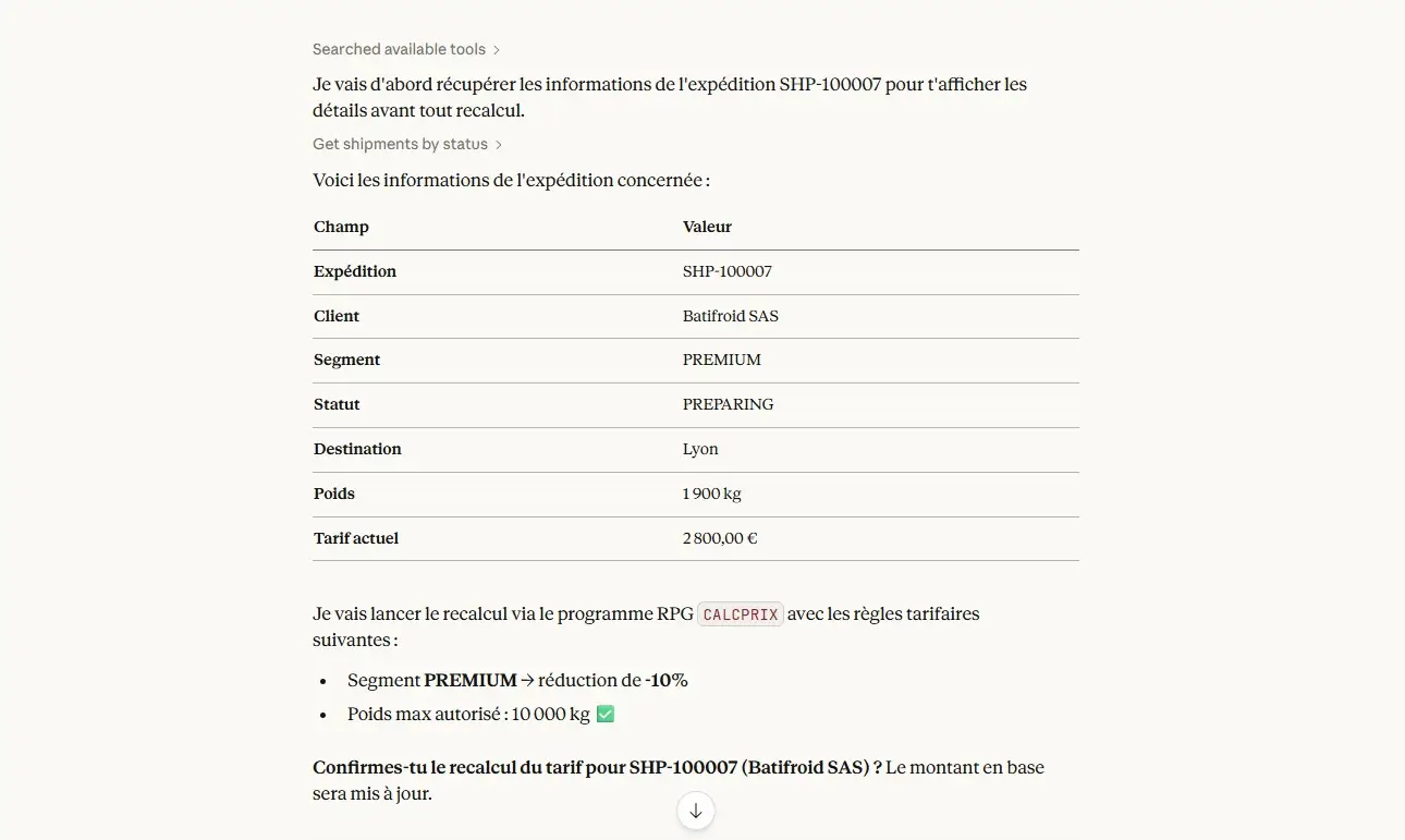 Shipment details and rate update confirmation via the CALCPRIX RPG program