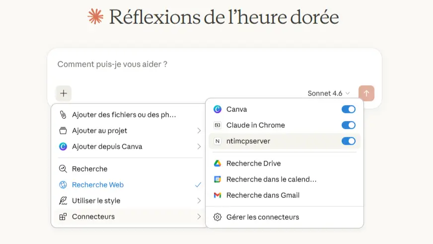 Claude Desktop interface showing the ntimcpserver MCP server enabled in the Connectors menu