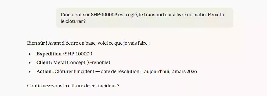 AI agent requesting confirmation before closing an incident