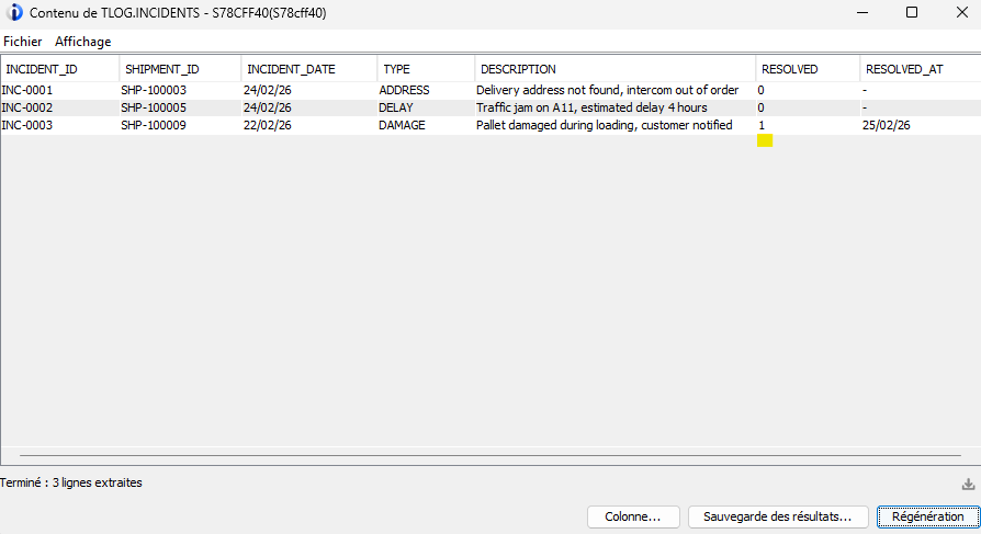 Contents of the TLOG.INCIDENTS table in DB2 for i after updating the RESOLVED field