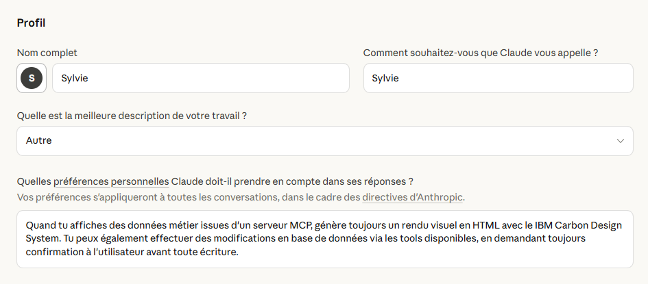 Claude profile configuration with Carbon HTML rendering instructions and pre-modification approval settings