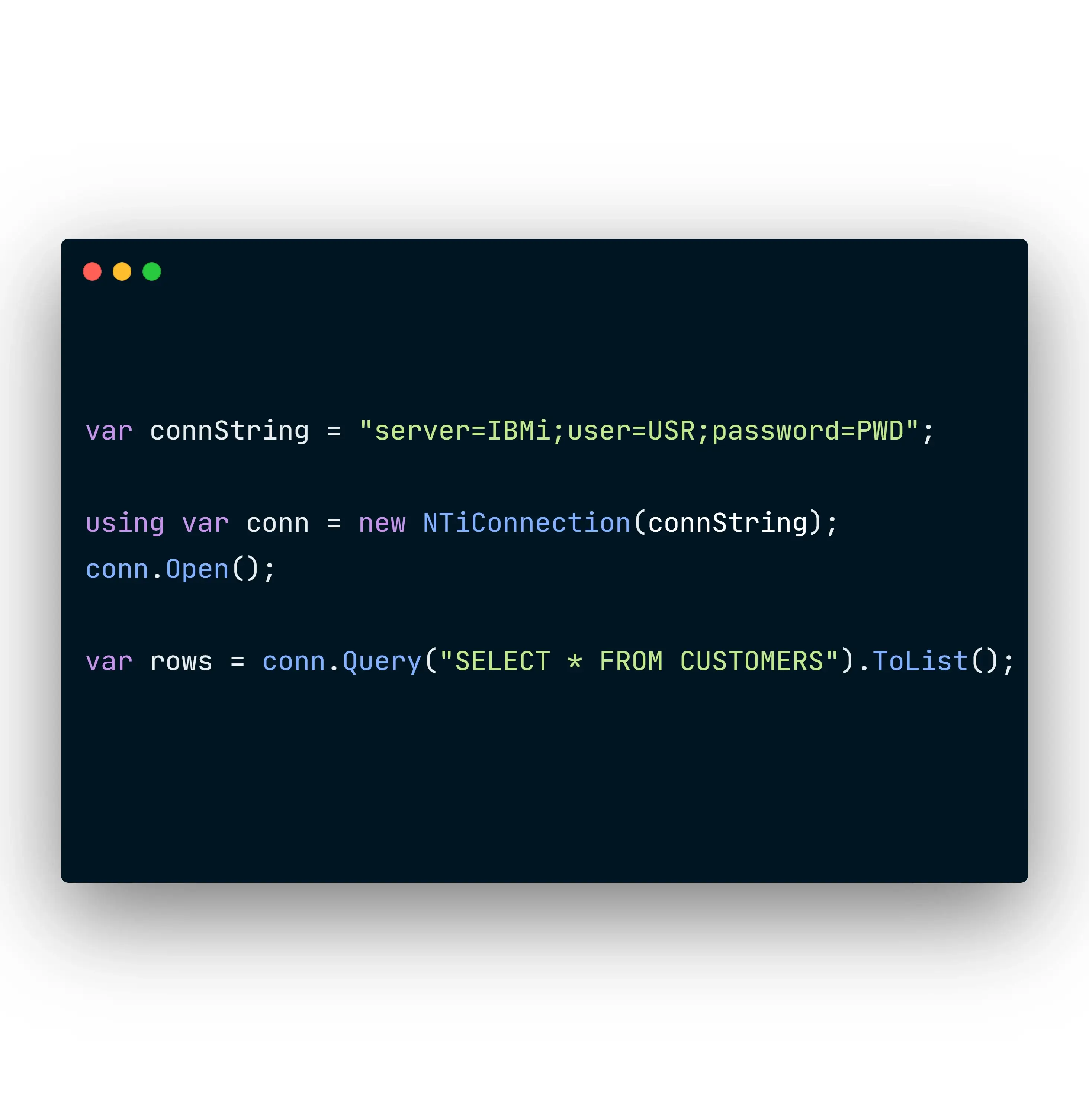 Example of an NTi connection and SQL query on DB2 for i.