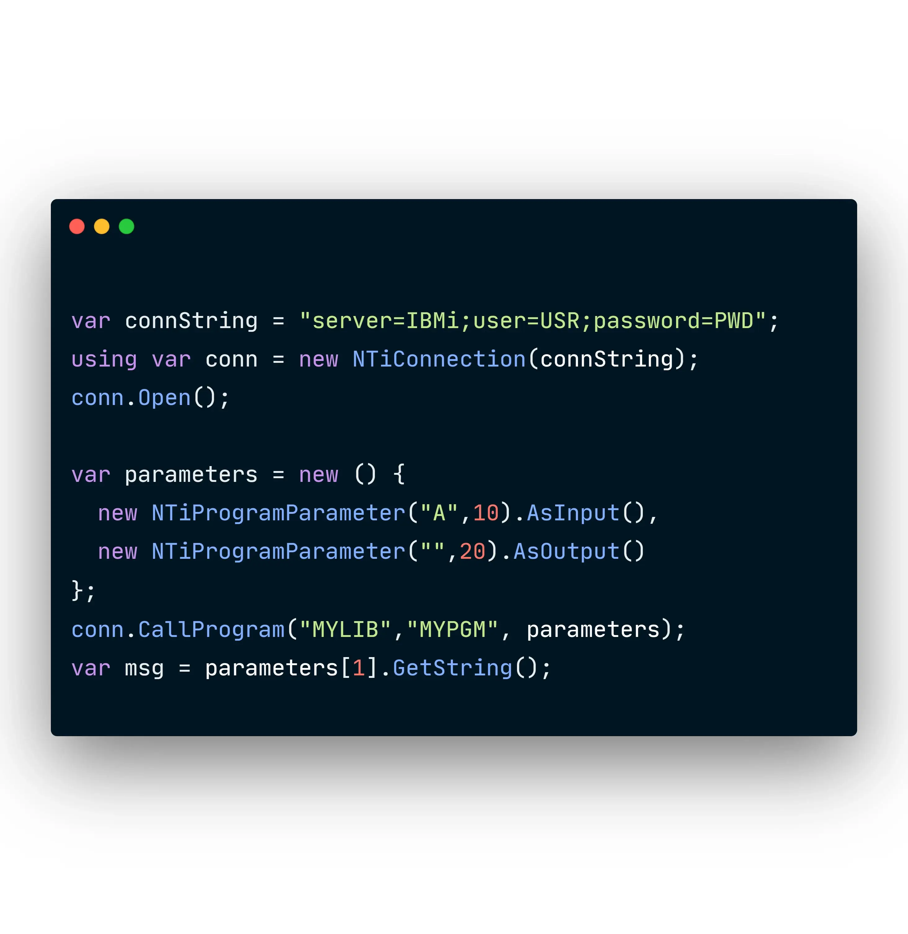 Example of calling an IBM i RPG program with NTi and parameters.