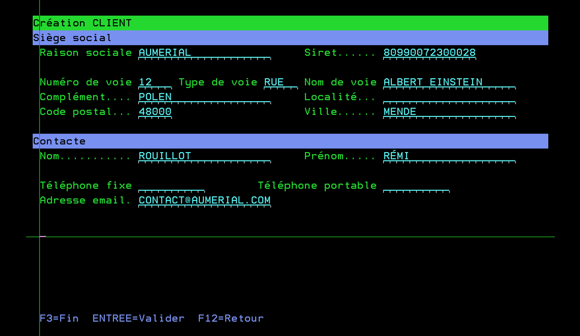 Customer data entry on the 5250 screen